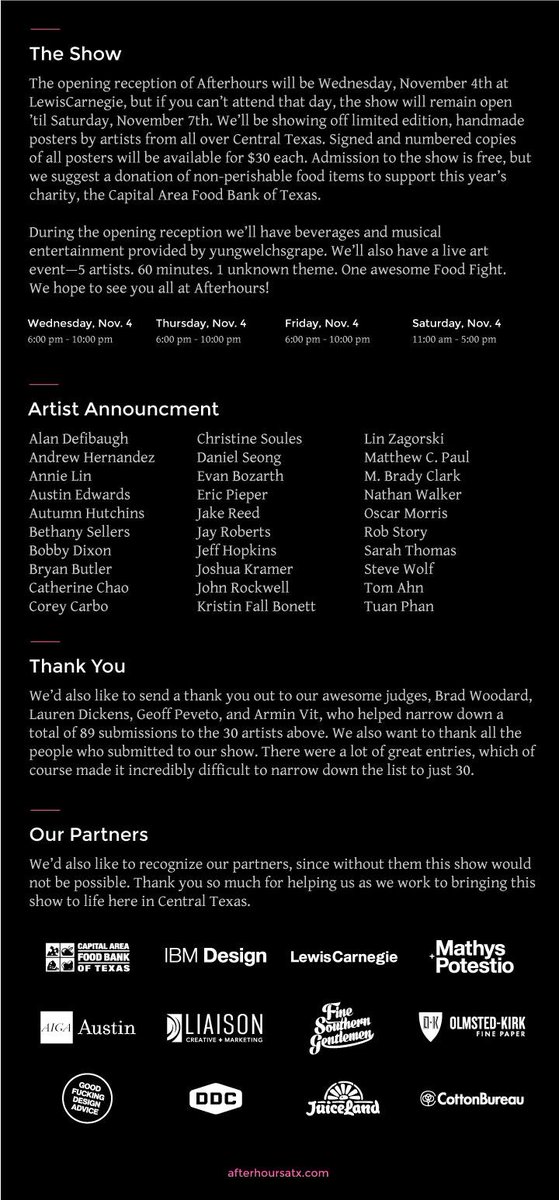 AfterhoursATX's tweet photo. Announcing the artists for the 2015 Afterhours Show! Thank you to everyone that submitted. #afterhoursatx http://t.co/hRYdWwttnu