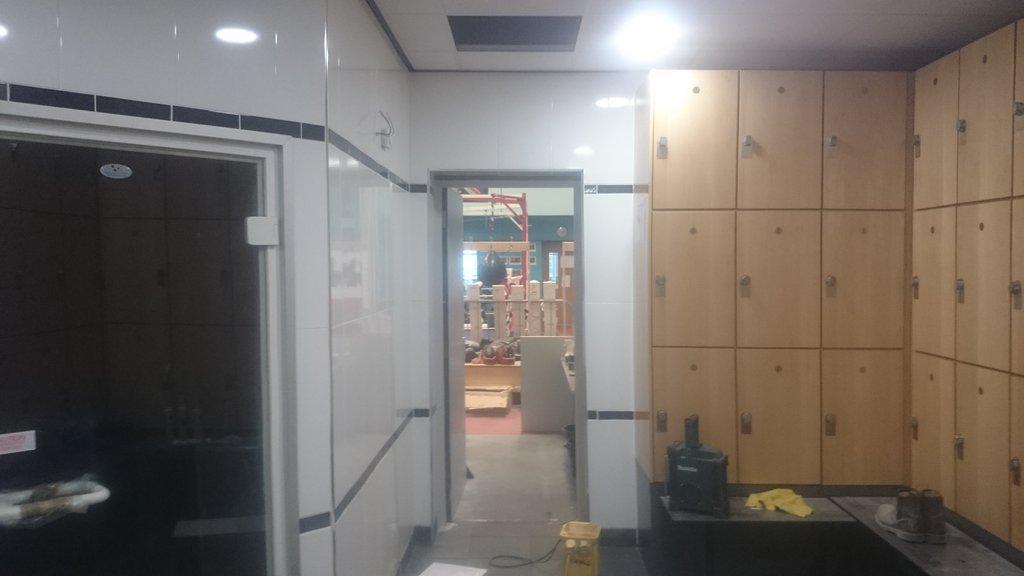 tiletek's tweet image. GB boxing gym tiled floor &amp;amp; walls around steam room and sauna.