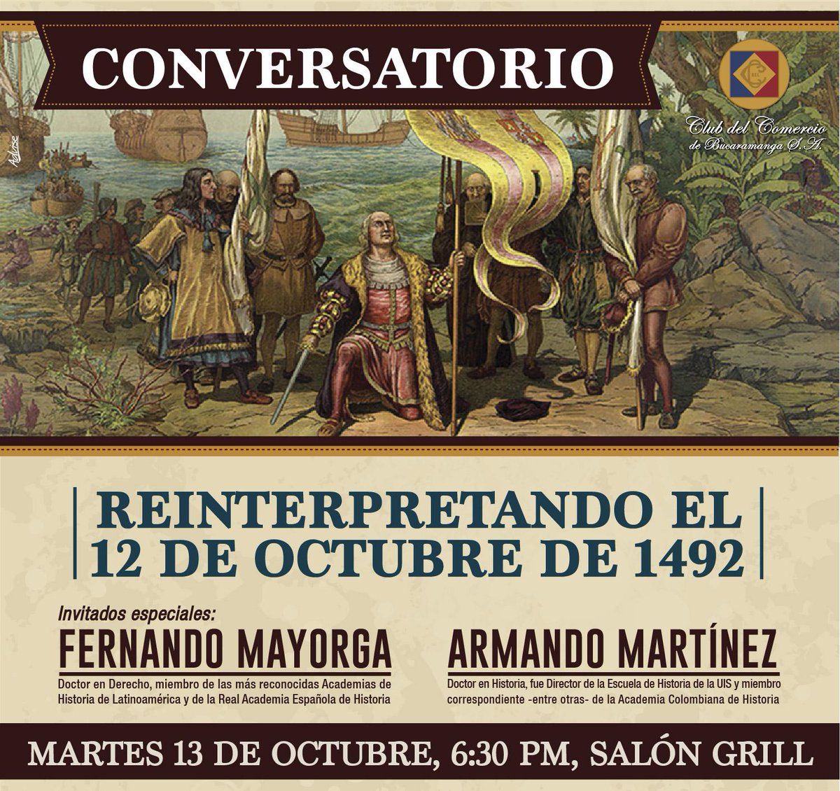 CLUBCOMERCIOBGA's tweet photo. @CLUBCOMERCIOBGA  ... Martes 13 de oct, conversemos con los expertos, sobre  la conmemoración del 12 de Oct 1492. http://t.co/RjR98kqza9