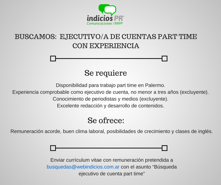 IndiciosPR's tweet photo. Buscamos Ejecutivo/a de Cuentas Part Time con experiencia. #indiciosPR #comunicación #rrpp #prensa http://t.co/E97mvDI5Lj