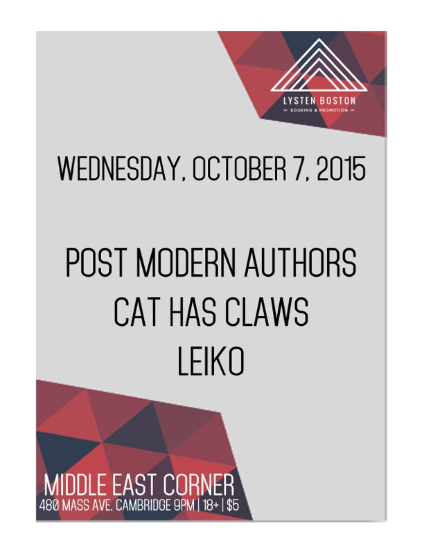 PostMdrnAuthors's tweet photo. psyched to play Middle East Corner tomorrow night!! @thatCATHASCLAWS @lystenboston @MidEastClub #leiko http://t.co/Bs9AuPOk2B