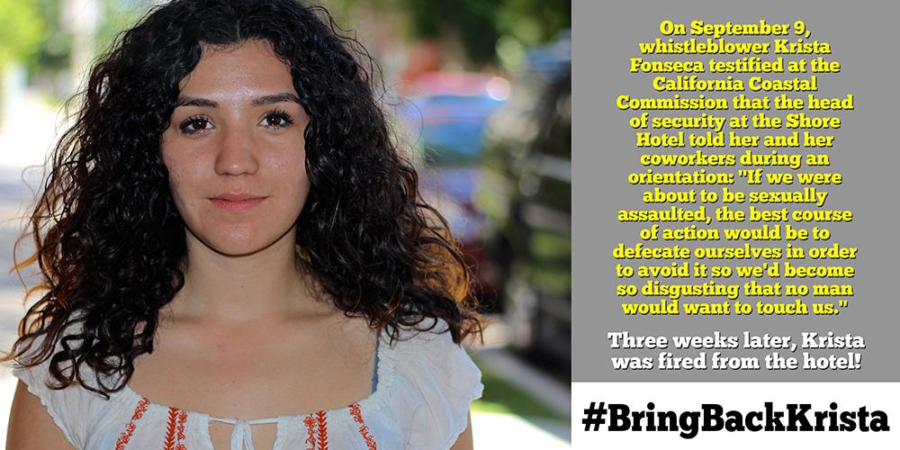 unitehere11's tweet photo. Whistleblower Krista fired from @shorehotelsm! Call 3104581515 &amp; tell @stevefarzam to #bringbackKrista! Plz share. http://t.co/l1YuDS5vka