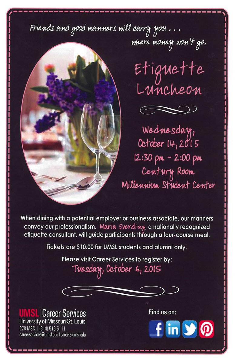 #MannerMatter Join our table for the  Etiquette Luncheon hosted by <a href="/UMSLCareers/">UMSL Career Services</a> RSVP with us by today to join.