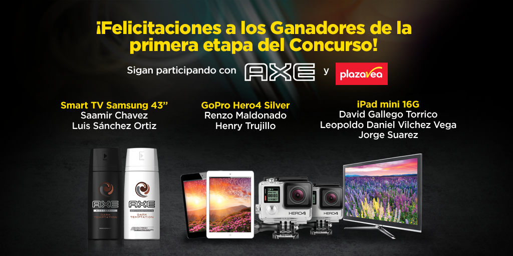 AxePeru's tweet photo. ¡Felicitaciones a los ganadores! 
Recuerden que pueden seguir participando de la promoción con #Axe en #PlazaVea. http://t.co/aeuOLNrXp7