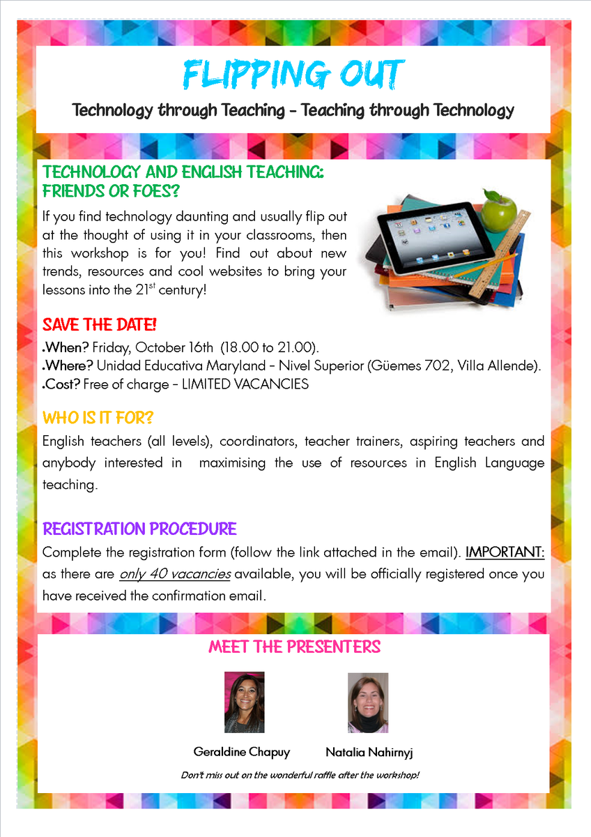 Prof_Ingles_Cba's tweet photo. We're getting ready for our workshop on technology and English teaching "Flipping Out". Don't miss it! http://t.co/vO0KmGazba