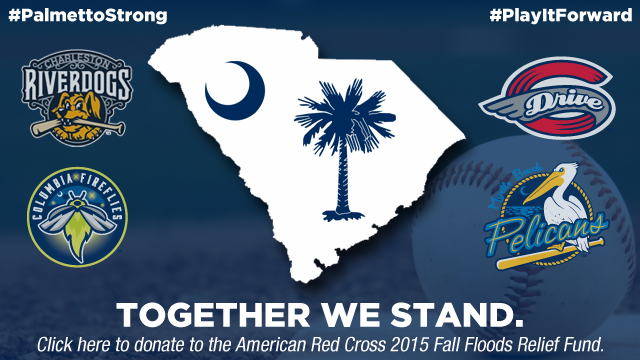 ChasRiverDogs's tweet photo. RiverDogs stand #PalmettoStrong with Fireflies, Drive, &amp; Pelicans to aid flood victims:

http://t.co/7YLXIRrb0X http://t.co/23uwEsWg2W