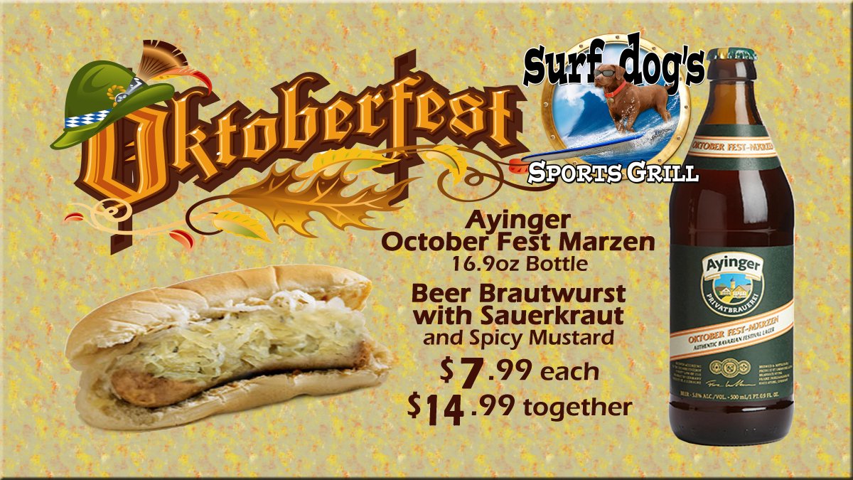 SurfDogsHB's tweet image. It's time for BRATS and Sauerkraut with Ayinger October Fest-Marzen lager - both for $1 OFF while supplies last.