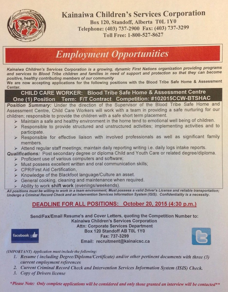 kcsc2014's tweet photo. Job Opportunity with Blood Tribe Safe Home and Assessment. Please refer to the attachment for more information. http://t.co/n93tjmaumi