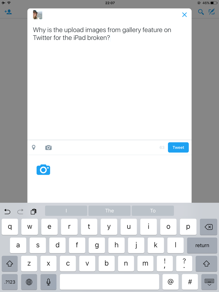Miss_Peg's tweet image. Why is the upload/take images feature on Twitter for the iPad broken? #itwillnotwork