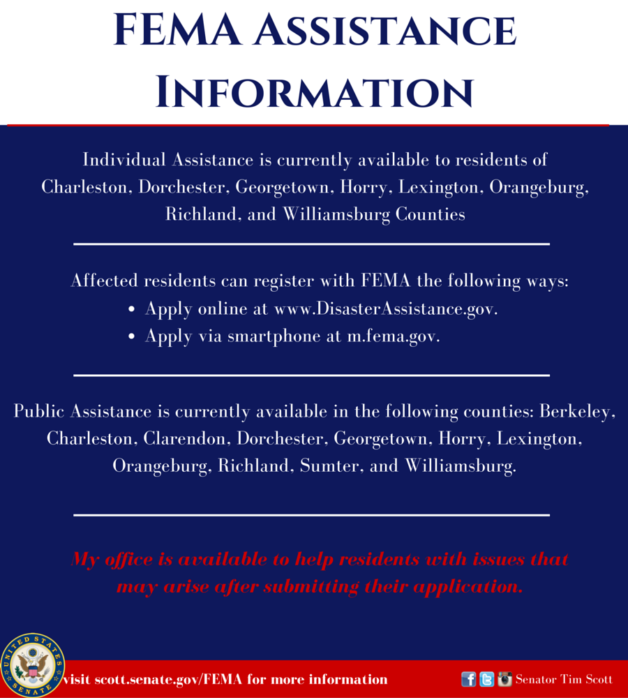 SenatorTimScott's tweet photo. Remember: even if your county is not currently approved for assistance, register anyway. Info in graphic #scflood http://t.co/AdEYHkjWqH