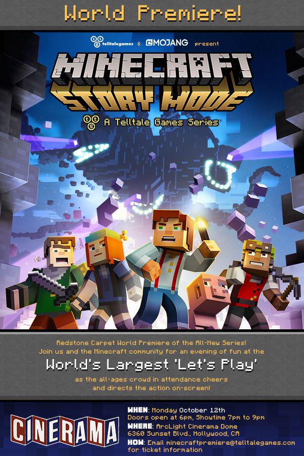 Minecraft's tweet image. Hey, loon! Do you live in LA? If not, can you get there for October 12th? Attend the Minecraft: Story Mode premiere!