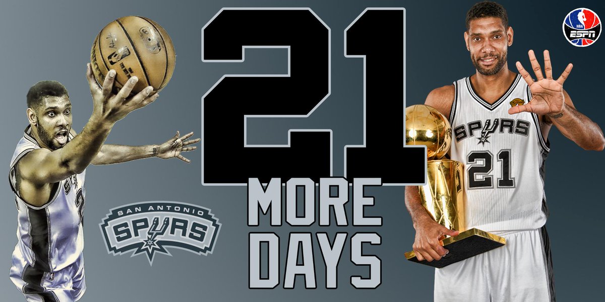 ESPNNBA's tweet photo. Only 21 more days until Tim Duncan and the Spurs start their quest for a 6th NBA title. http://t.co/KOD9jW9HiS