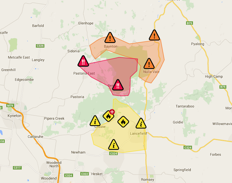 vicemergency's tweet photo. Emergency Warning for #Lancefield fire #Benloch #PastoriaEast Watch & Act #Cobaw fire #Baynton #EmuFlat #NullaVale http://t.co/93XTR9DFXX