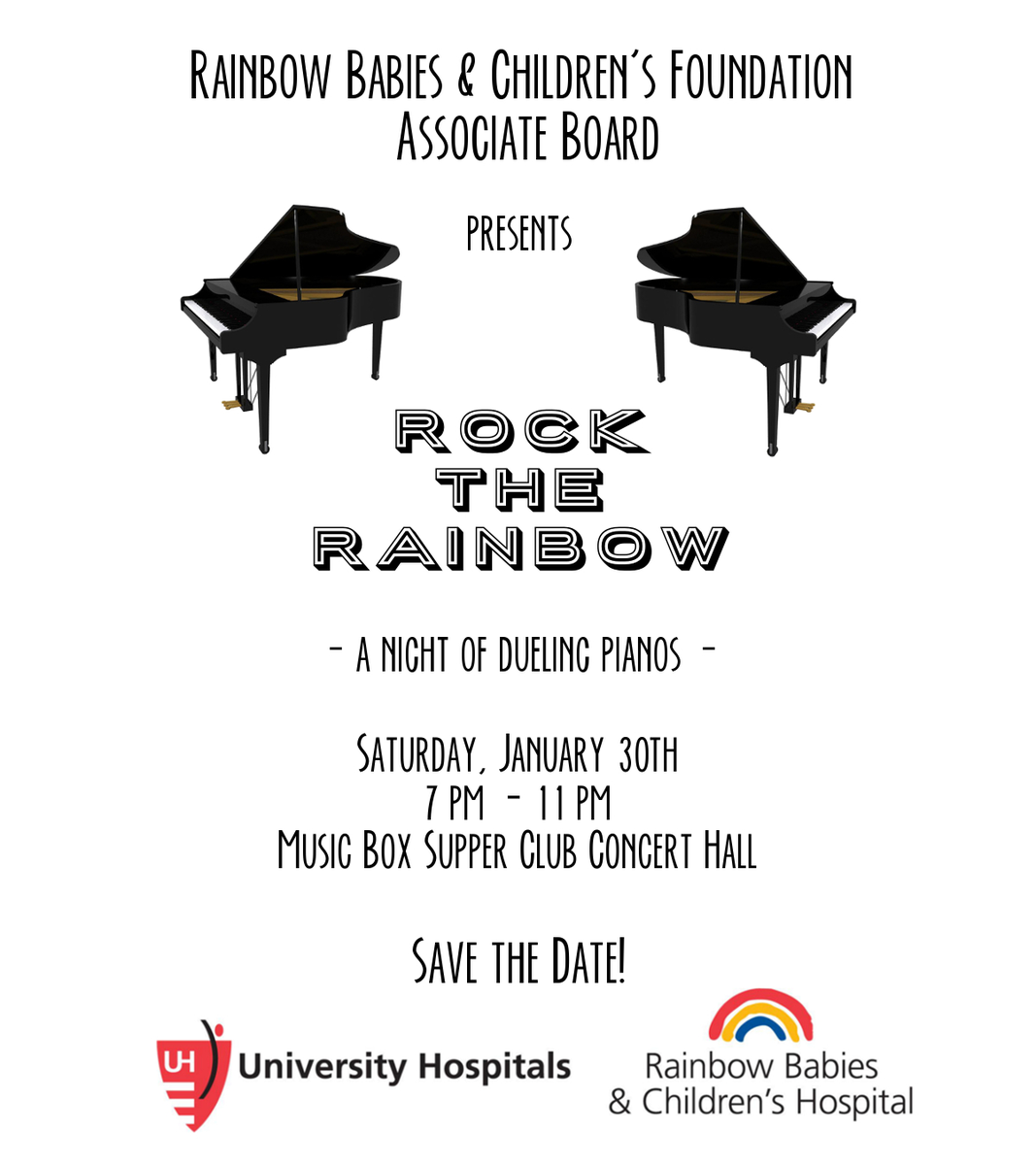 RBCFABoard's tweet photo. Save the date! Join us on January 30, 2016 for a night of dueling pianos at @MusicBoxSC!! #thisisCLE #ThisIsRainbow http://t.co/xuEaVD8mI5