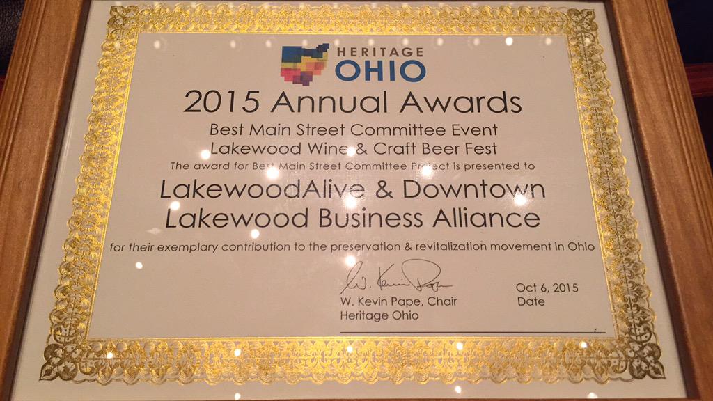 DowntwnLakewood's tweet image. The 2014 Lakewood Wine And Craft Beer Festival takes home Best @HeritageOhio Best Main Street Event #LWWineBeerFest