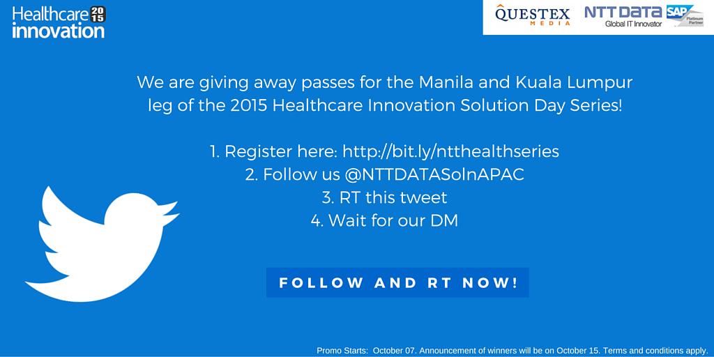 NTTDATABSAPAC's tweet photo. Win free passes for MNL &amp; KL Healthcare Innovation Day Series. Register, Follow &amp; RT this tweet #healthcareinnovation http://t.co/gBvZkr95mZ