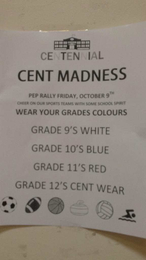 CentLeadership's tweet photo. Hey Centaurs! Remember to wear your grades colours for #CENTMADNESS this friday!! #CentLead http://t.co/VNlcIs2hCm