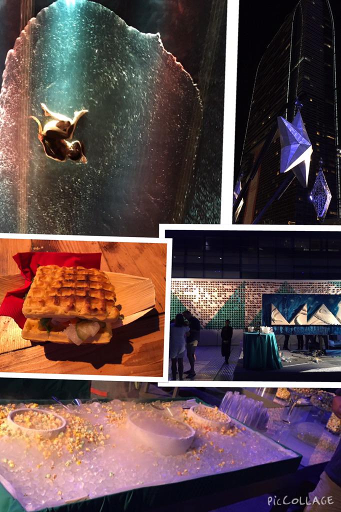 Yosun's tweet image. #adobeMax #maxBash liquid N2 popcorn, donut pixel wall, waffle banhmi, choc live sculpt, action painting on water