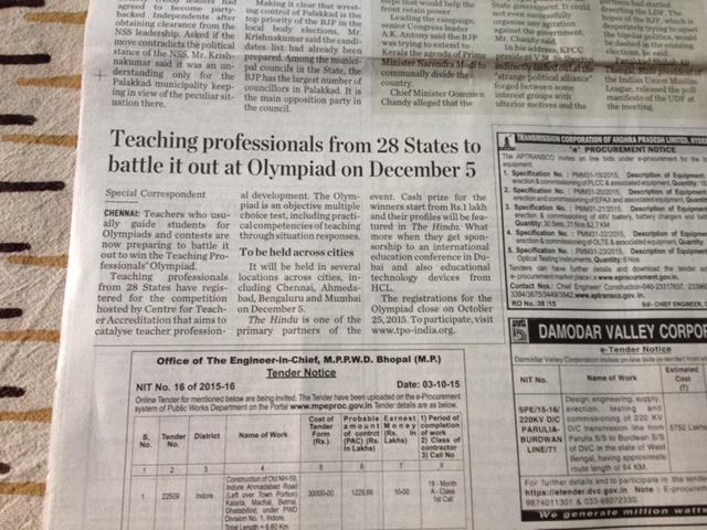 RamyaVRaman's tweet photo. Nice editorial coverage of #TPO2015 in @the_hindu today! 28 states! Registrtns close Oct 25th http://t.co/aApbBUpNxi http://t.co/IT2SunUwbf
