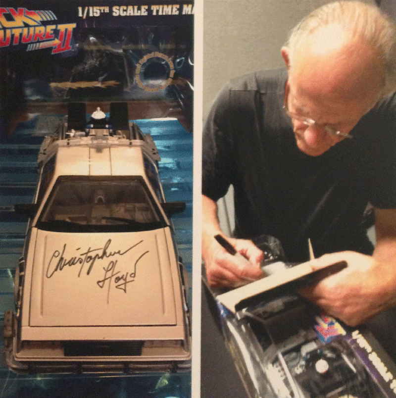 NerdJabber's tweet image. #BackToTheFutureDay Model #Delorean give-away signed by #ChristopherLloyd. Retweet and winner will be drawn 21 Oct
