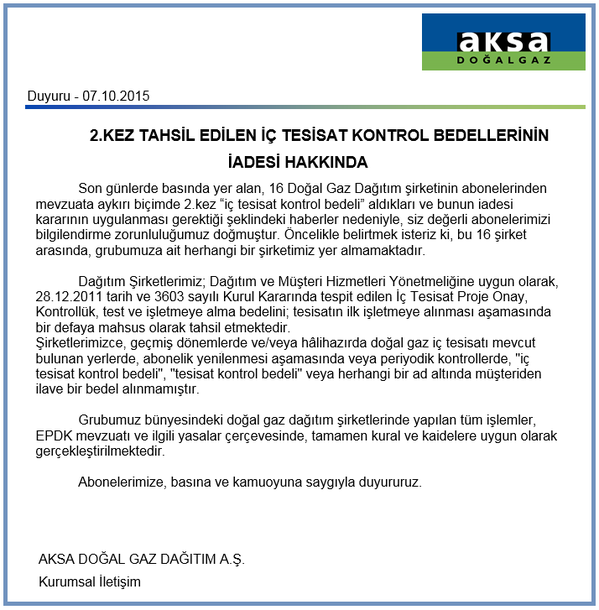 Doğalgaz Şirketlerince 2. kez Tahsil Edilen İç Tesisat Kontrol Bedelleri Hakkında Doğalgaz Abonelerimize Duyuru!