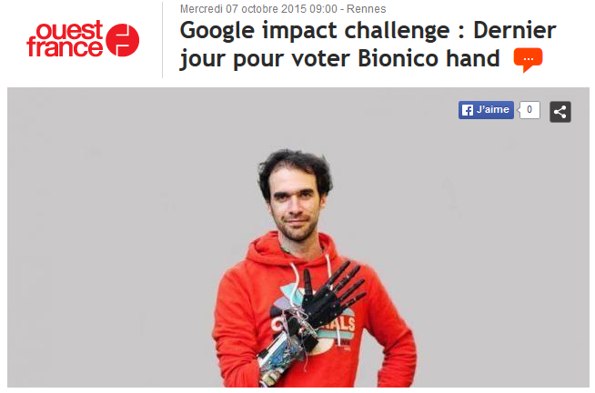 Hugobiwan's tweet photo. Merci @OuestFrance @ouestfrance35 : DERNIER JOUR POUR #VOTEBIONICOHAND ! http://t.co/UwgrreLgGM http://t.co/r0SzX2rQP2