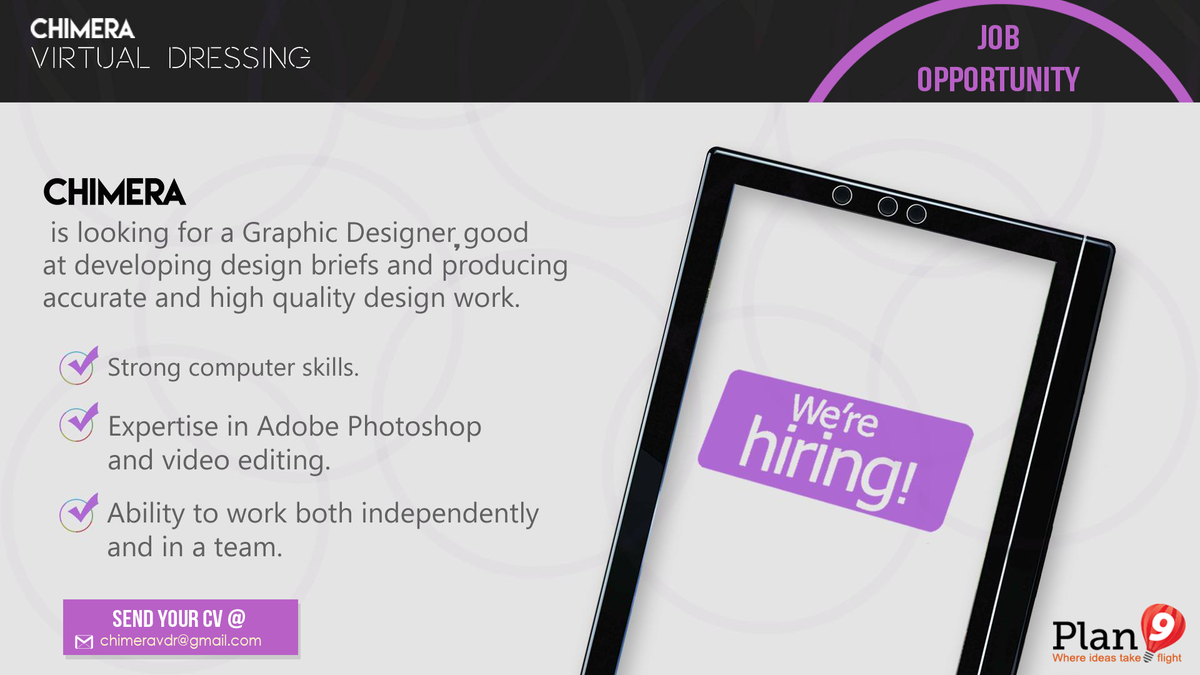 chimeravdr's tweet photo. Alert ! Chimera is looking for Graphic Designer to join our ranks.
@Plan9incubator http://t.co/xJMG9OFvnJ