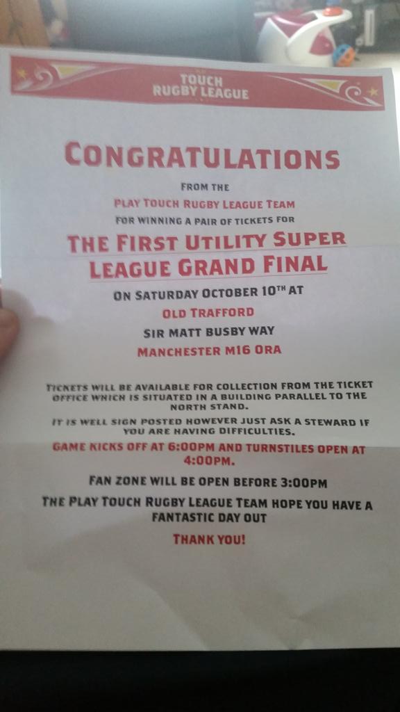 Matyw7's tweet photo. @WidnesRL @PlayTouchRL I won them through playing touch rugby at widnes but already have my tickets #letsgetdonating http://t.co/sjRgmTmr1m