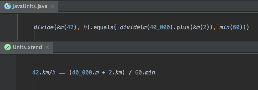 xtendlang's tweet image. Ever tried to do some arithmetics with units of measurement in Java? 
#Java8 vs #Xtendlang 
#operatorOverloadingFTW