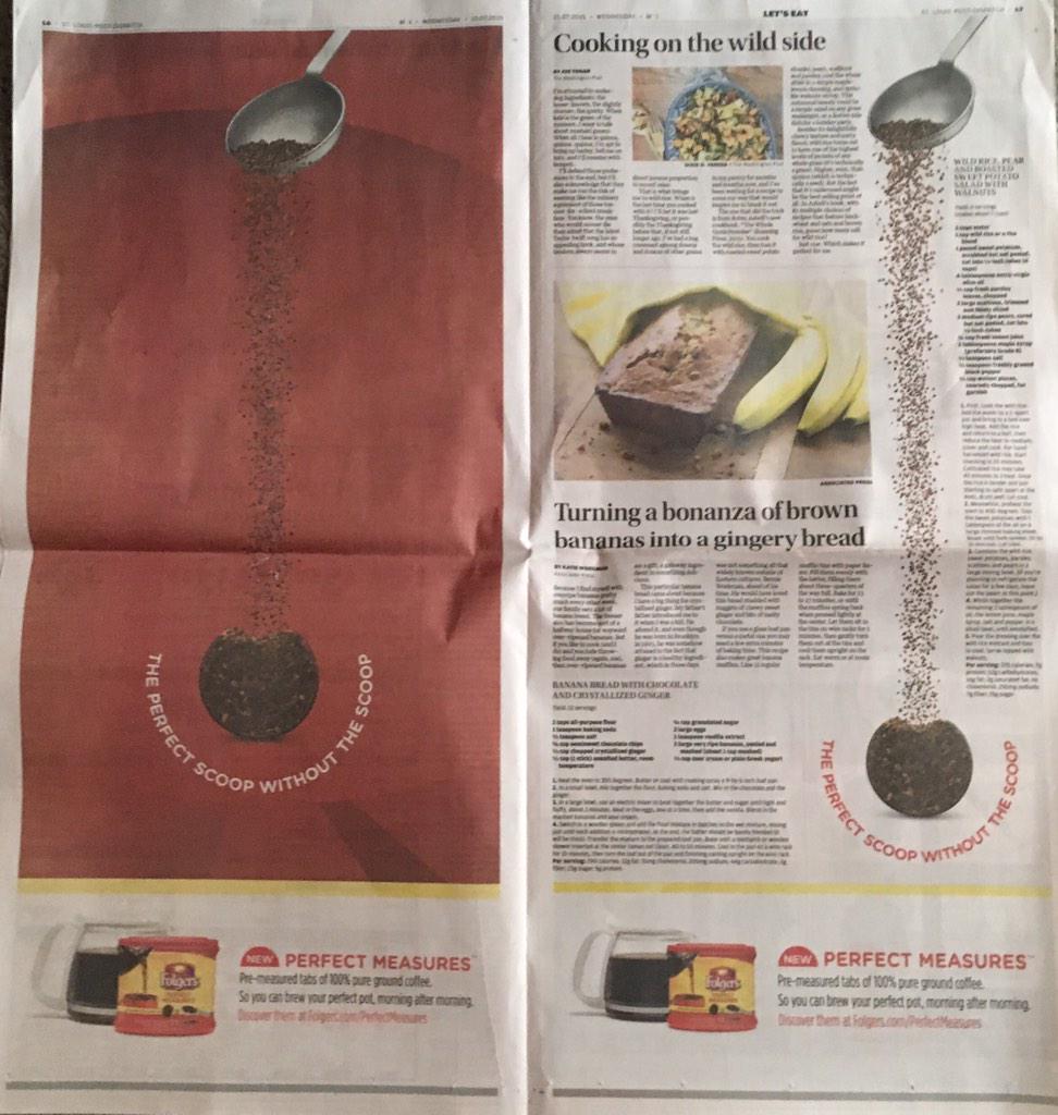 sdkstl's tweet image. From today's #postdispatch food section: @Folgers double-truck 'takeover' ad