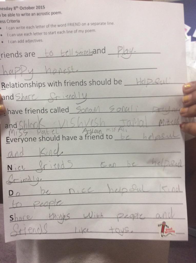 BarhamPrimary's tweet photo. Look at my Acrostic Poem I wrote about #Friends. We are writing about #friendship for #SewaWeek2015. #GoBarham. http://t.co/SJHhongyJZ