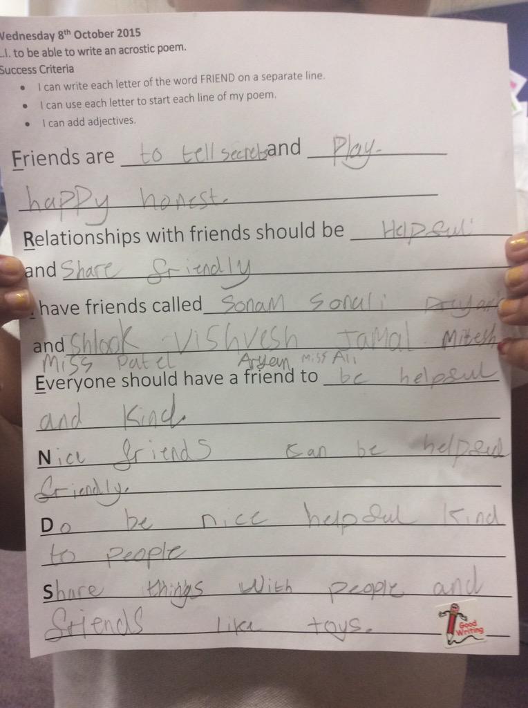 BarhamPrimary's tweet photo. Look at my Acrostic Poem I wrote about #Friends. We are writing about #friendship for #SewaWeek2015. #GoBarham. http://t.co/SJHhongyJZ