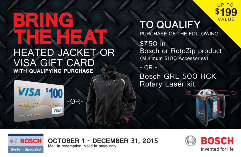 eToolsrus's tweet image. BRING THE HEAT w/ Bosch. Your choice: 12V Heated Jacket or $100 Visa Gift Card w/ qualifying purchase. #BOSCHTOOLS