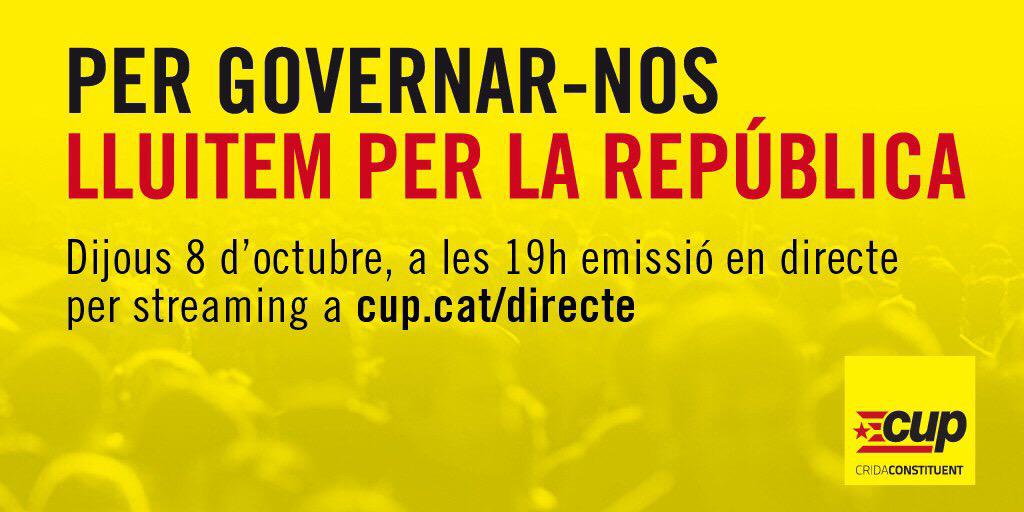 cupnacional's tweet photo. Per governar-nos, lluitem per la república. 8 d'octubre, 19h, en directe http://t.co/828748cxLE #Governemnos #27S http://t.co/XXatDloThT