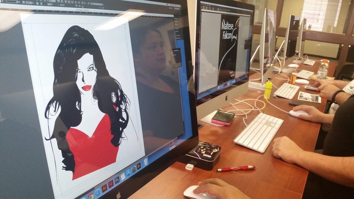 ProfessorOslynn's tweet photo. Students working, InDesign project, promotional design the common book, The Maltese Falcon! #eastfieldcollege #dcccd http://t.co/hVcpdTf4bC