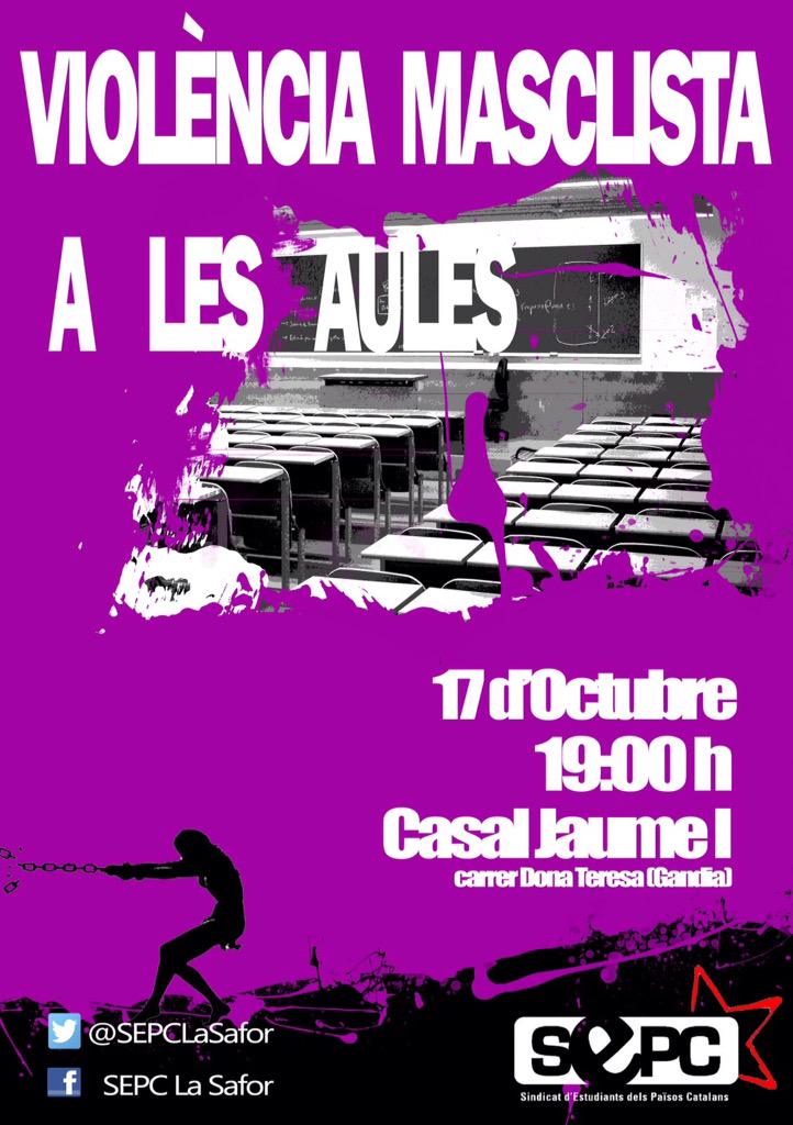 SEPCLaSafor's tweet photo. No volem masclisme ni dins, ni fora de les aules! El 17 d'oct a les 19:00 tindrem al Casal Jaume I una bona xerrada. http://t.co/6smx8K3fRc