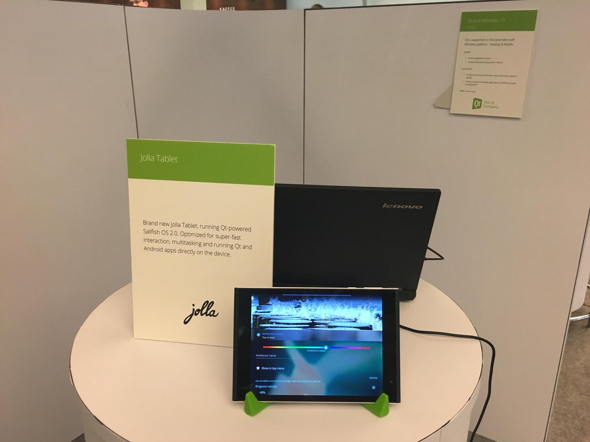 qtproject's tweet photo. Brand new @Jollahq Tablet, running Qt-powered Sailfish OS 2.0. Optimized for super-fast interaction #QtWS15 #Qtdev http://t.co/3H66qRGDVw