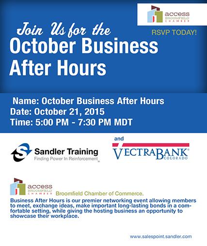 SandlerDarrel's tweet photo. REGISTER SOON-October Business After Hours-Sponsors #VectraBank #SandlerTraininginBroomfield! http://t.co/wGxn4cDzdq http://t.co/EqQXKW6QH1