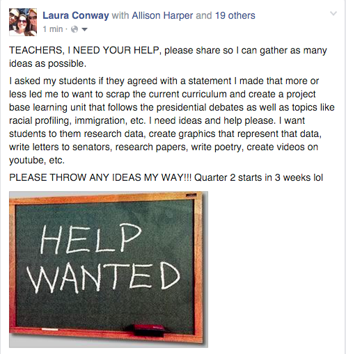 lauraconway85's tweet photo. Help wanted teachers!!  Please share ideas :) #edtech #CaEdCha #cultofpedegogy #edchat #pbl #passiondriven #web20 http://t.co/zDQ1eadyV4
