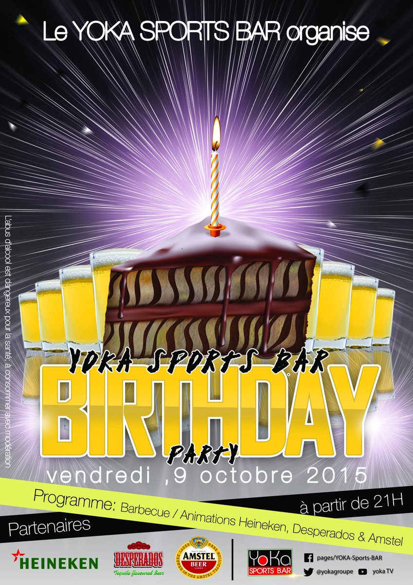 yokagroupe's tweet photo. Vendredi 09 octobre 2015, YOKA SPORTS BAR BIRTHDAY PARTY
Bières-grillades-animations &amp; Dj http://t.co/Om5Q3jbCJm