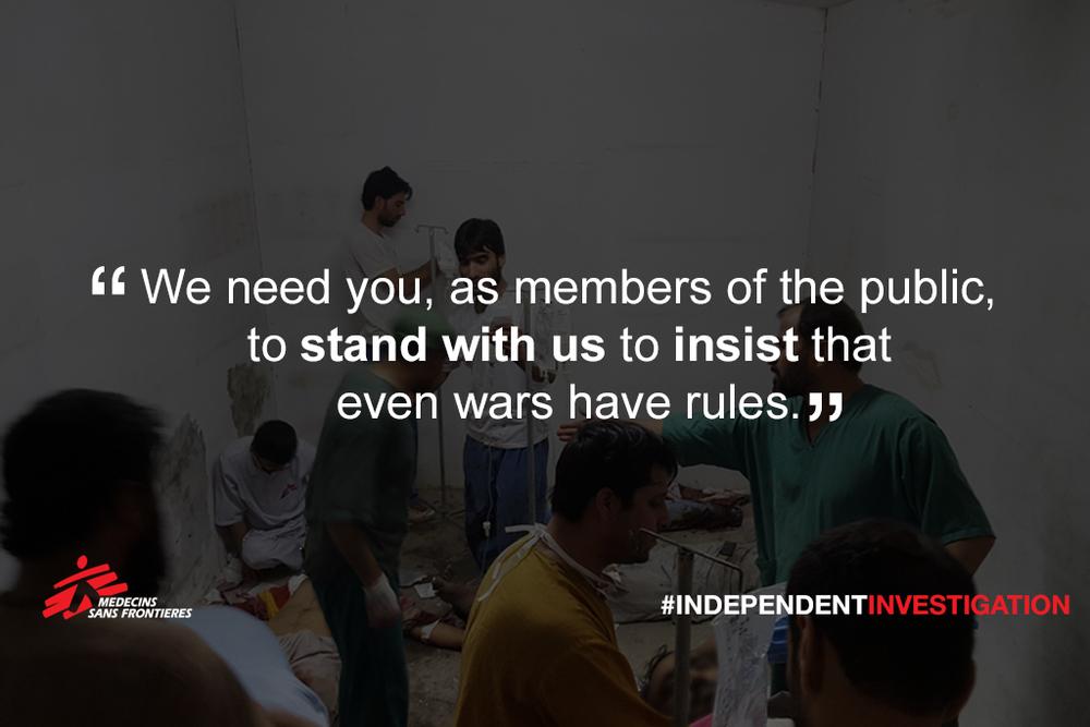 MSF_USA's tweet photo. "We are fighting back for the sake of our patients." http://t.co/WVRPoOhxlq #IndependentInvestigation #Kunduz http://t.co/LqLTohva6k