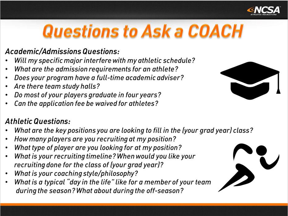 ncsa's tweet image. A few questions you may want to ask coaches. Get all the info you need to make a solid college decision. @ncsa
