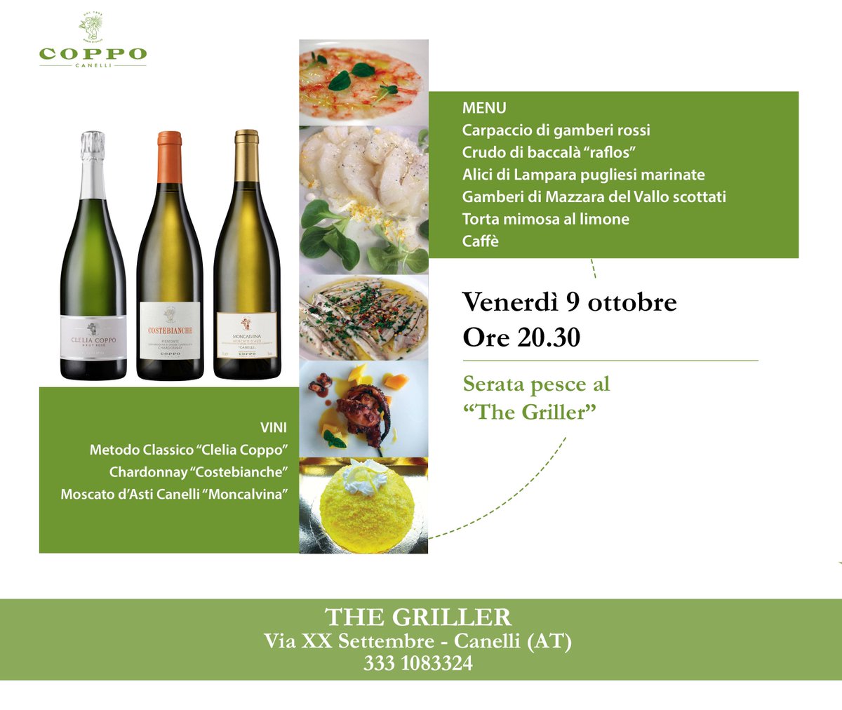 COPPO1892's tweet photo. Una #cena di #pesce da non perdere, venerdì sera a #Canelli, al #TheGriller! #coppowines #cleliacoppo #chardonnay http://t.co/H30Tcdl3xe