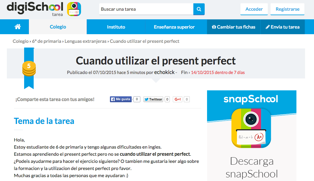 digiSchool_es's tweet photo. #AyudaTarea Un estudiante de #primaria quiere saber cuando utilizar el present perfect ▶ http://t.co/nkI8cwHGY8 http://t.co/p0TMq9qYCN