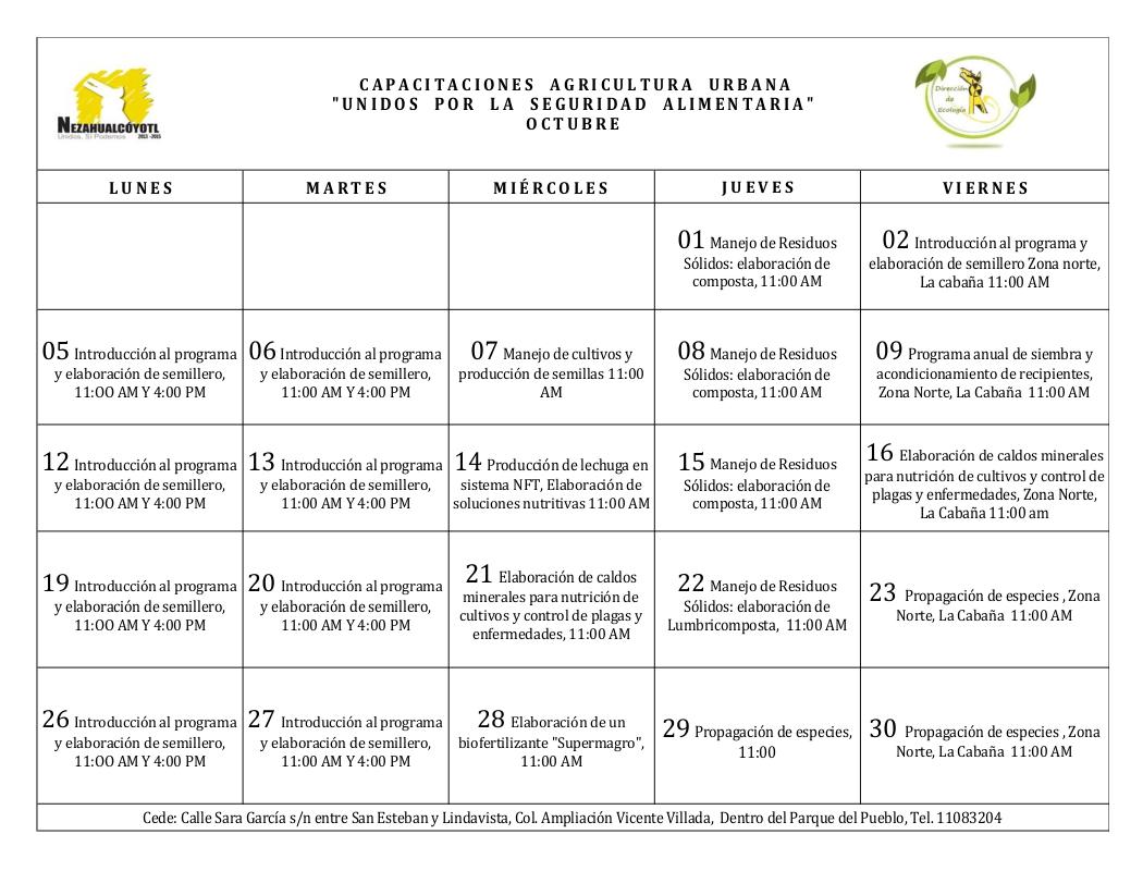 NezaEcologia's tweet photo. Este es el Calendario del mes de Octubre de las Capacitaciones de #AgriculturaUrbana!! @GobNeza @CarlosAvilesOfi http://t.co/lUVPxpiOVV