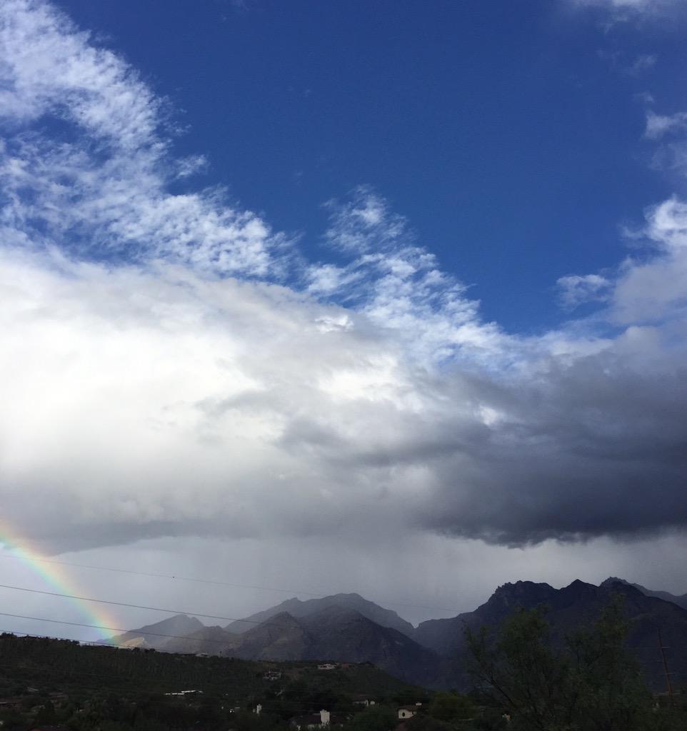 totallytucson's tweet photo. Happy Hump Day, #Tucson! Cool today in 70's. Lucky trifecta right now over #Catalinas: clouds, blue skies, rainbow! http://t.co/zj2GbPXOzh