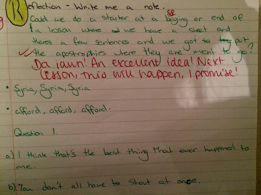 MissStoneBH's tweet photo. A brilliant suggestion for how to improve from one of my year 9s. #ownyourprogress #respondingtofeedback http://t.co/3qIPQ9xUTF