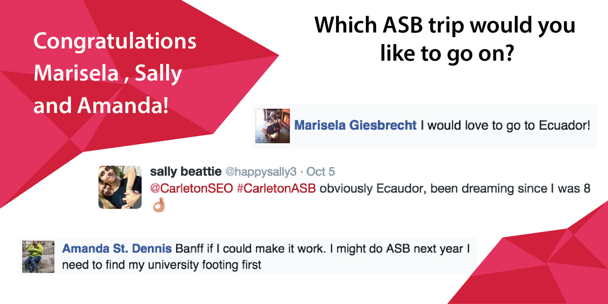 SLRavens's tweet image. Congrats to our twitter and fb winners of the "Which ASB trip would you like to go on?" Contest! #CarletonASB