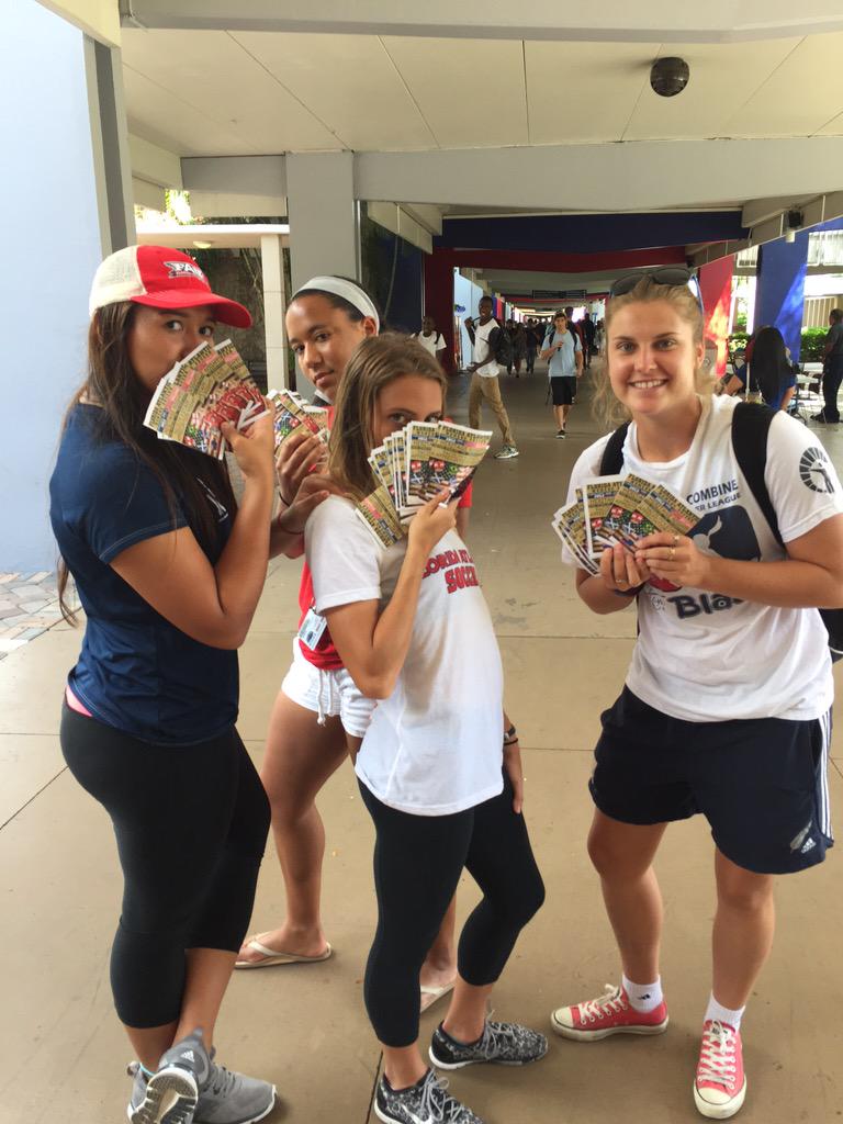 Members of the women's soccer team are out on the breezeway handing out flyers for this Friday's game! 7 PM!
