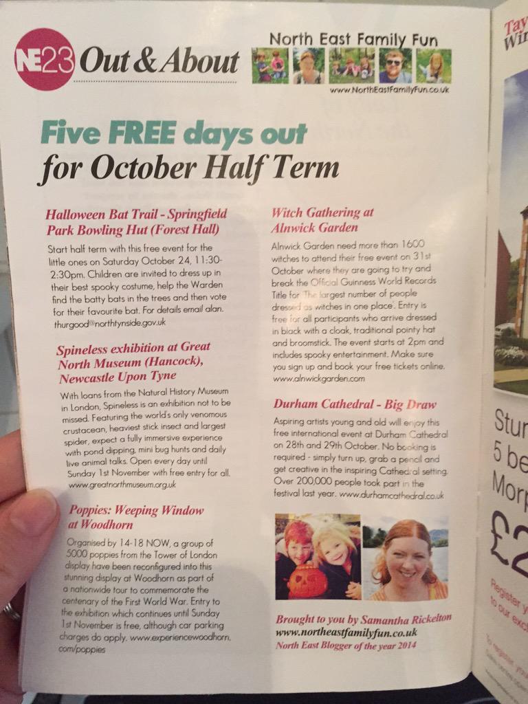 NEFamilyFun's tweet photo. We feature in this month's @NE23Magazine with our 5 free days out for October half term. Let me know if you spot us! http://t.co/HaVUhb5WZ8